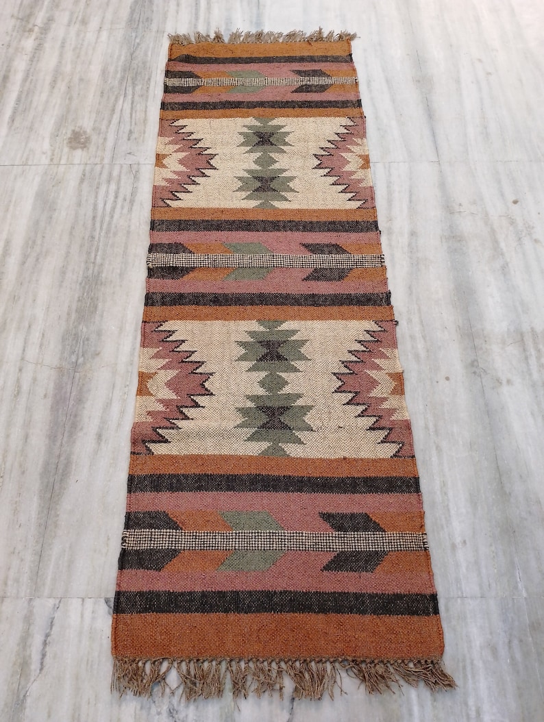 Kilim runner Handwoven Wool Jute Rug Handmade Kilim Dhurrie Rug, Motifs Oriental Traditional Indian Geometric Turkish Home decor image 2