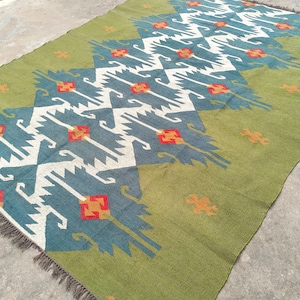 Handmade Wool Kilim Rug, Navajo Kilim Runner Rug, Aztec Rug, Accent Rug, Outdoor/Indoor Rug, Bedroom Rug, wool jute Kilim Rug.