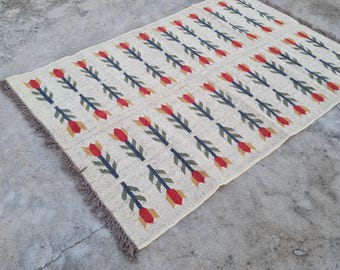 Handvävd kelimmatta i ulljute: Boho plattvävd matta i navajo-stil, stor handgjord matta,