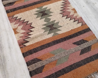 Alfombra Kilim de yute tejida a mano, alfombra Kilim Dhurrie hecha a mano, motivos orientales, tradicionales, indios, geométricos, turcos, decoración del hogar