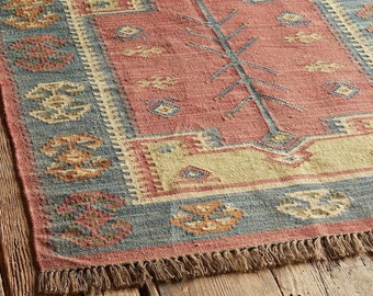 Handmade Large Kilim Rug, Handwoven, Wool and Jute Rug Handmade, Kilim Dhurrie Rug, Motifs, Oriental, Traditional Indian, Geometric, Turkish