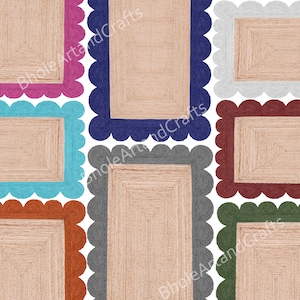 May include: A selection of rectangular jute rugs with scalloped borders in a range of colours: pink, blue, white, red, teal, orange, grey, and green. The rugs have a natural, woven texture.
