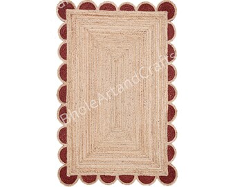 Scalloped Jute Rug- Rustic Red Wave Edge Jute Rug, Jute Scalloped Rug, Bohemian Scallop Rug, Rectangular Natural Jute Area Rug, Custom Rug