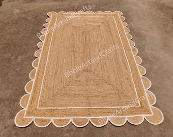 Scalloped Hand Braided Natural Jute Rug with White Border Handmade Jute Rug Jute Area Rug Custom Size Rug Decorative Rug Boho Decor Rug
