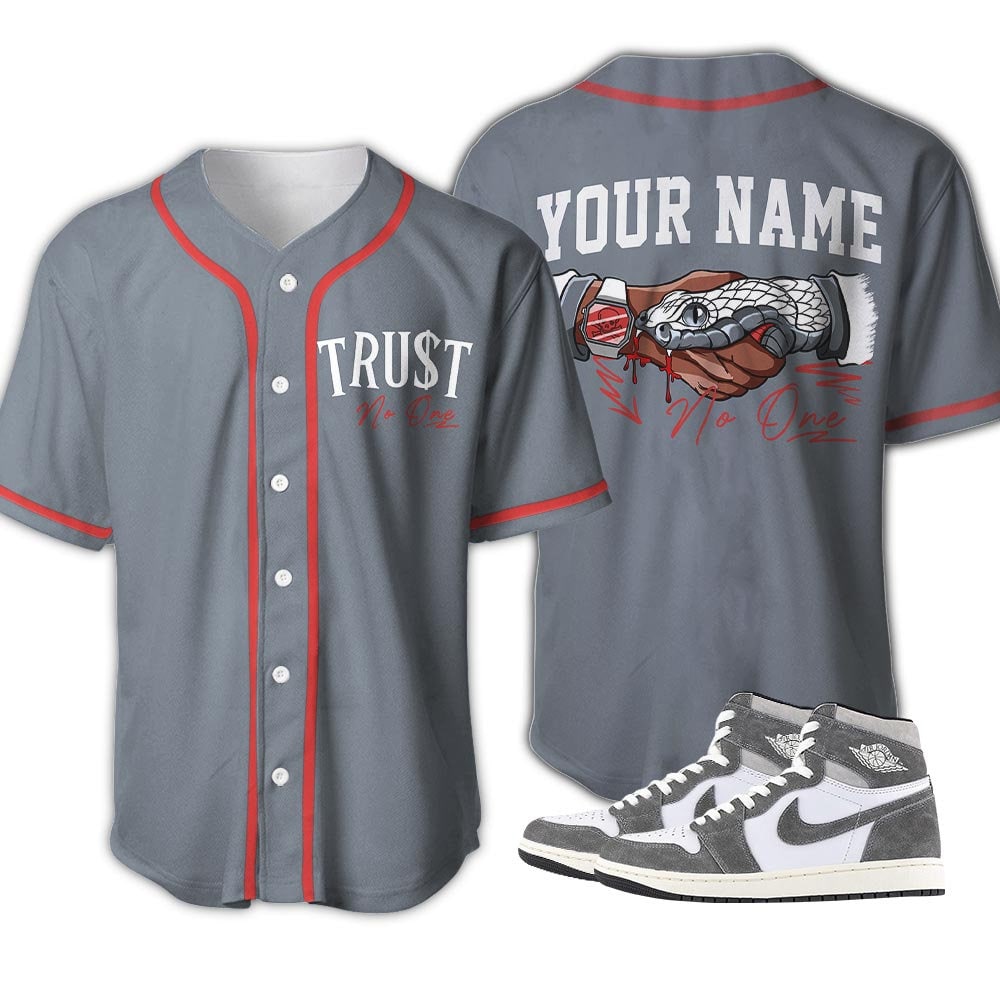 Rinomerch Custom Sneaker Trust No One Baseball Jersey Shirt to Match Sneaker Retro Wolf Grey 13s Tee, Jordan 13 Wolf Grey Matching Baseball Jersey