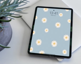 Blue Daisy Flower iPad Wallpaper, Blue Floral iPad Wallpaper, iPad Lockscreen Background Aesthetic