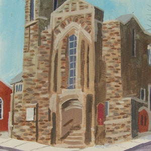 Puede incluir: Una pintura de una iglesia de piedra con un alto campanario y una gran puerta arqueada. La iglesia está pintada en tonos de marrón, gris y rojo. La pintura está firmada "M. Gelsomino '10".