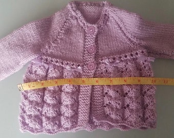 Hand Knitted Lilac Baby Cardigan approx 0-3 months,, Baby Clothes, Handmade baby clothes, knitted clothes, white cardigan, baby cardigan