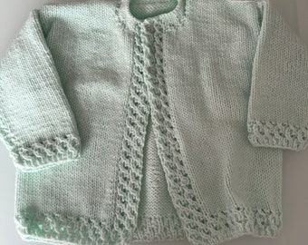 Hand Knitted Mint Baby Cardigan approx 0-3 months, Baby Clothes, Handmade baby clothes, knitted clothes, white cardigan, baby cardigan
