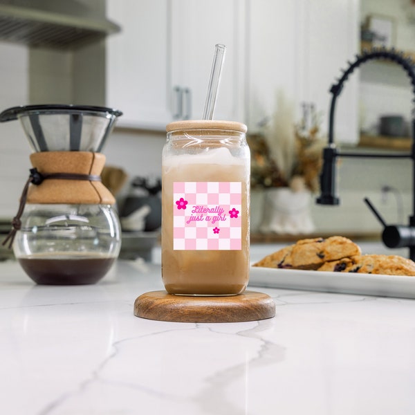 Pink Checker Glass Tumbler, Cute Drinking Glass, Glass Cup, Cup with Lid and Straw, Literally Just a Girl, Cute Coffee Cup, Smoothie Cup