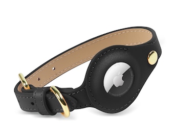 May include: Black leather AirTag holder with a gold buckle and a circular cutout revealing the AirTag's white Apple logo.