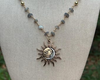 Sun and moon labradorite crystal necklace| Gemstone necklace |Handmade hippy necklace| Boho necklace| Gold sun & moon necklace