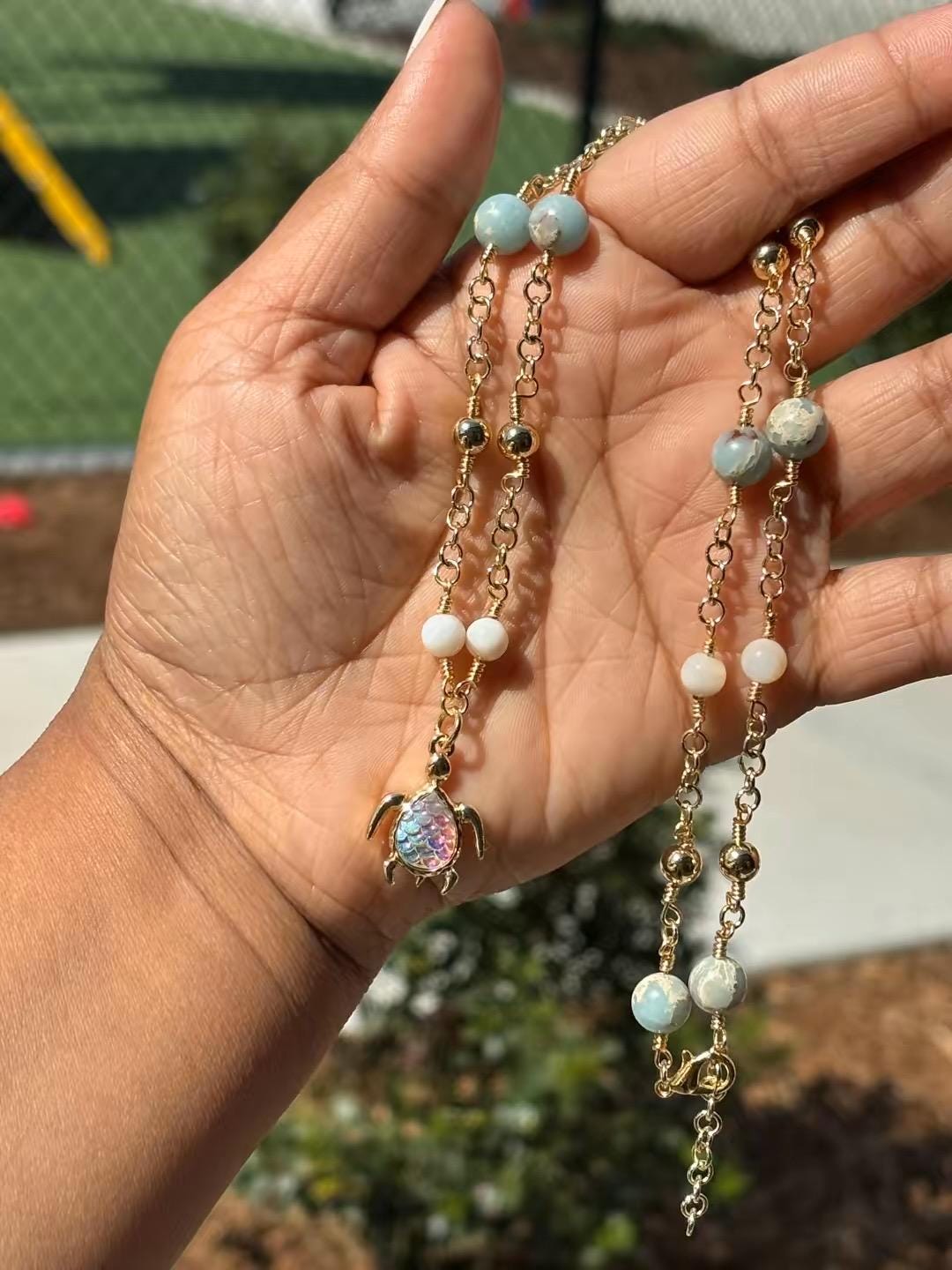 Summer necklace| Snake skin jasper beaded necklace| Turtle pendant jewelry|Gold wire ring included| Handmade wire wrapped jewelry