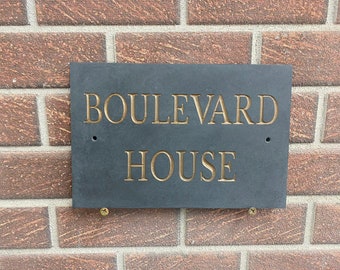 Custom Gold Painted Slate House Sign: Hand-Engraved Number Plaque