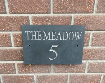 Custom Silver Painted Slate House Sign: Hand-Engraved Number Plaque