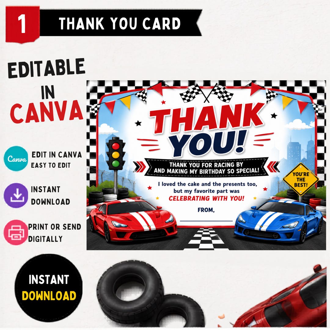 Thank You Racers Race Car Thank You Card, Editable Canva Template, Racing Birthday Party ...