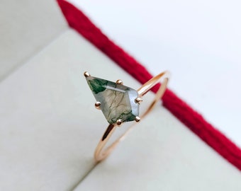 Natural Moss Agate Ring- Kite Shaped-Gold Ring- Silver Ring-Delicate Ring-Stacking Ring-Promise-Anniversary Ring for Women-Christmas Gift