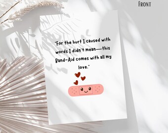 Romantic Apology Greeting Card with Band Aid | Sorry for the Hurt I Caused | Healing Heart Note | Romantic Sorry message | Printable Card