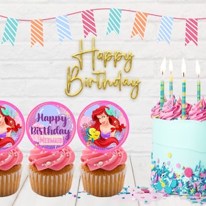 Little Mermaid Birthday party cupcake toppers, pdf and jpg files