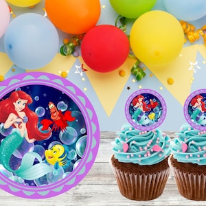 Little Mermaid Ariel Party Cupcake Topper, 8.5 x 11&quot;, 12 pcs, pdf file, Instant Download.