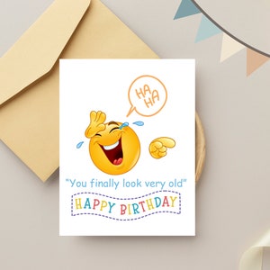 Printable Happy, Birthday Greeting Card, Emoji Theme, 4.25 x 5.50 Inches, pdf file.