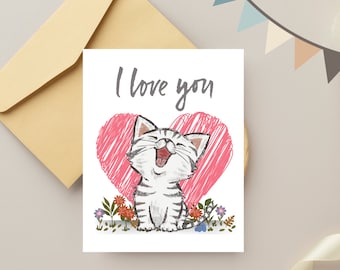 I Love You Cat Card, Funny Kitten Valentine's Day Card with Envelope