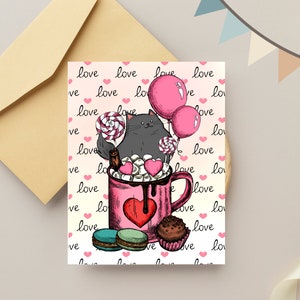 Cartão de felicitações de amor com tema de gato para impressão, 4,25 x 5,50 polegadas, arquivo PDF tamanho A2.