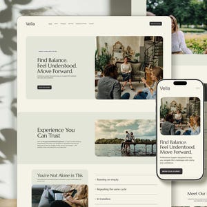 May include: A website design mockup on a pale beige background. The design includes a desktop and mobile view, showcasing the website's layout with text that reads "Find Balance, Feel Understood, Move Forward." The Squarespace logo is visible.