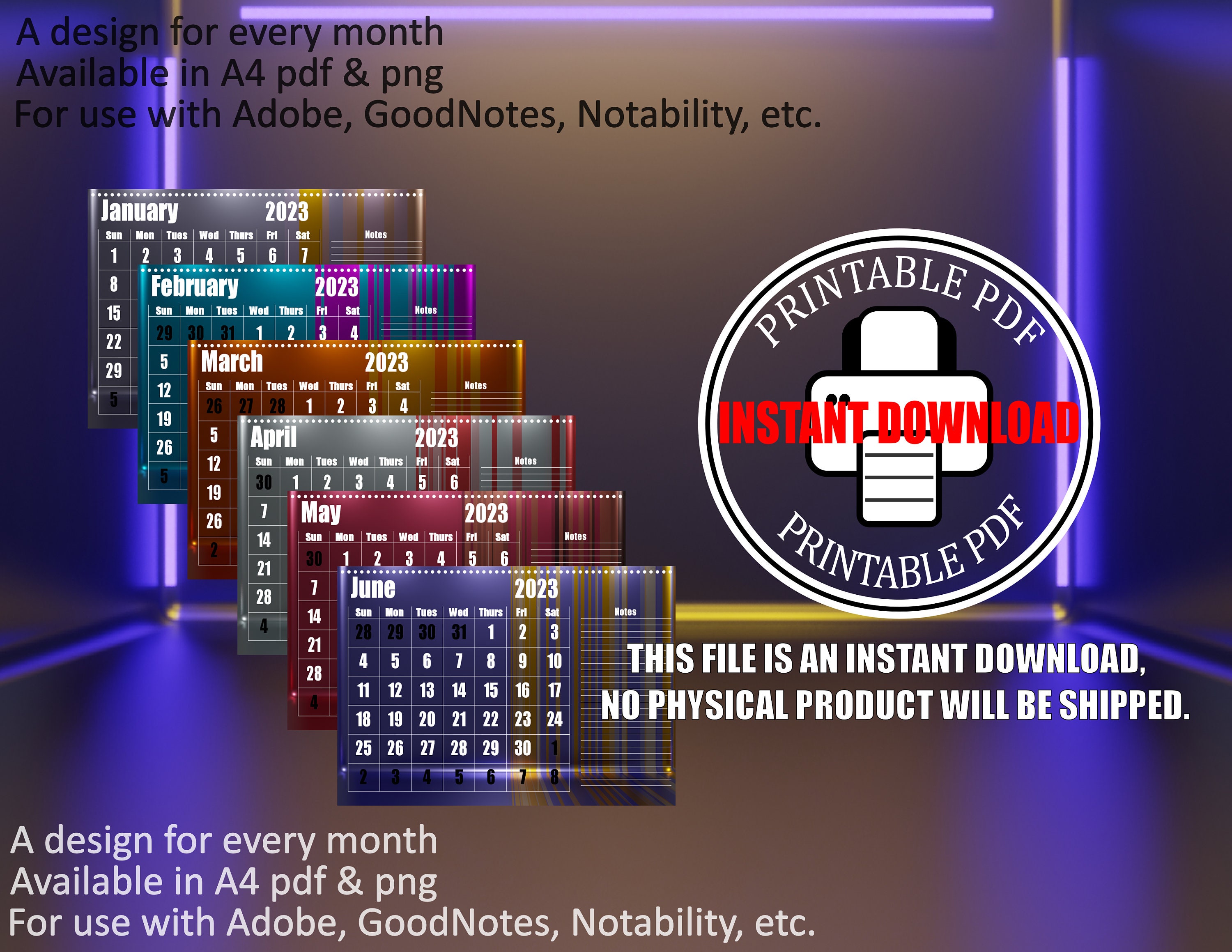 2023 Calendar Full Year, Editable, Digital Adobe, Goodnote, Notability