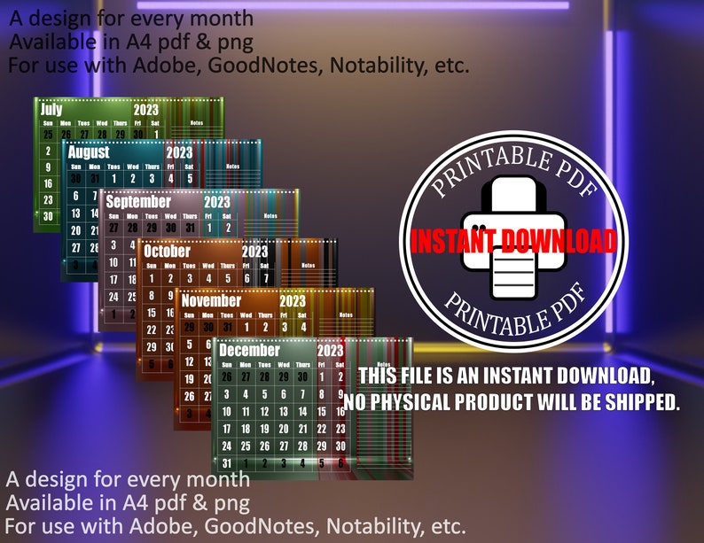2023 Calendar Full Year, Editable, Digital Adobe, Goodnote, Notability