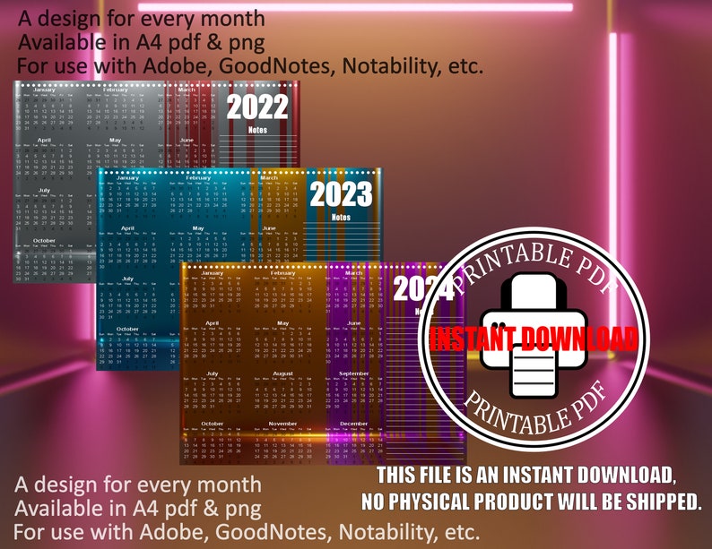 2023 Calendar Full Year, Editable, Digital Adobe, Goodnote, Notability