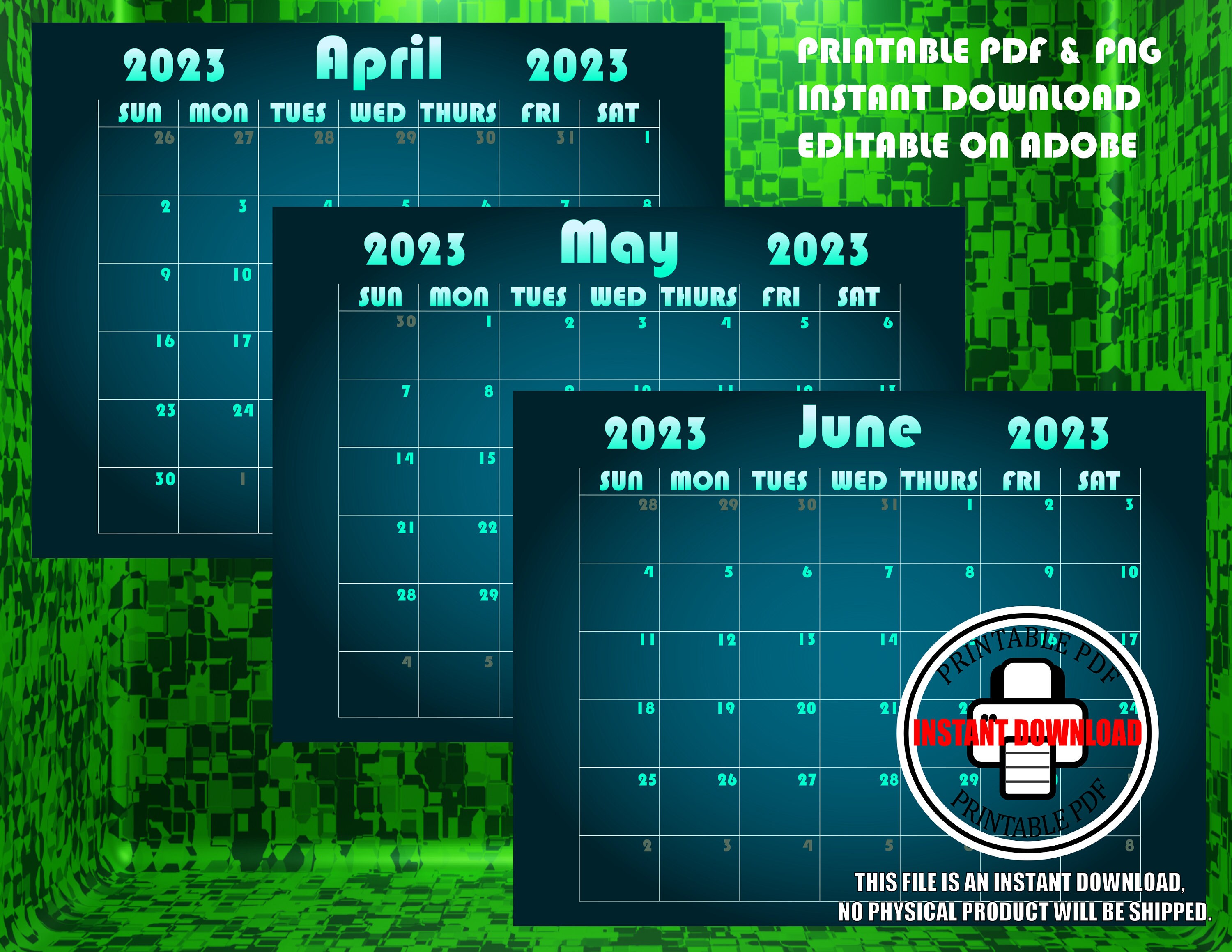 2023-calendar-full-year-dark-green-mode-instant-download-etsy-uk
