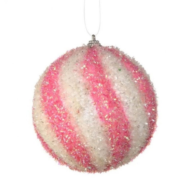 4.5" Pink & White Sparkle Swirl Candy Ball Ornament