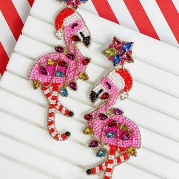 Glitzy Christmas Flamingo Beaded Dangle Earrings