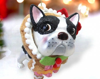 Glass Bulldog In Gingerbread Outfit Ornament