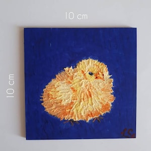 A small mixed media painting on wooden panel 10×10 cm yellow chick original artwork with use of artistic chalk