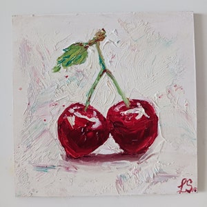 Original oil painting on wood panel 10 x 10 cm &quot;two cherries&quot;