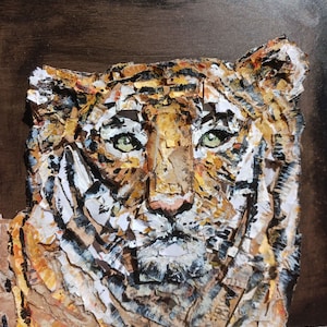 Colagem de papelão reciclado "o tigre", tridimensional, 31×31 cm