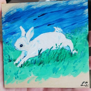 ORIGINAL acrylic painting on wooden panel 10 x 10 cm white rabbit