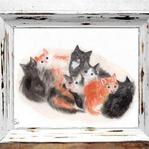 Pittura ORIGINALE ad acquerello, gattini rossi e neri, formato A4