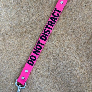 May include: A vibrant pink dog lead with the text "DO NOT DISTRACT" in black. It features a silver metal clip and a ring at the top. The lead is shown on a tan surface.