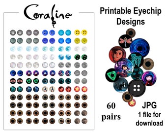 Chips para ojos de muñeca Blythe: 60 pares imprimibles (descarga digital JPG de 14 mm)