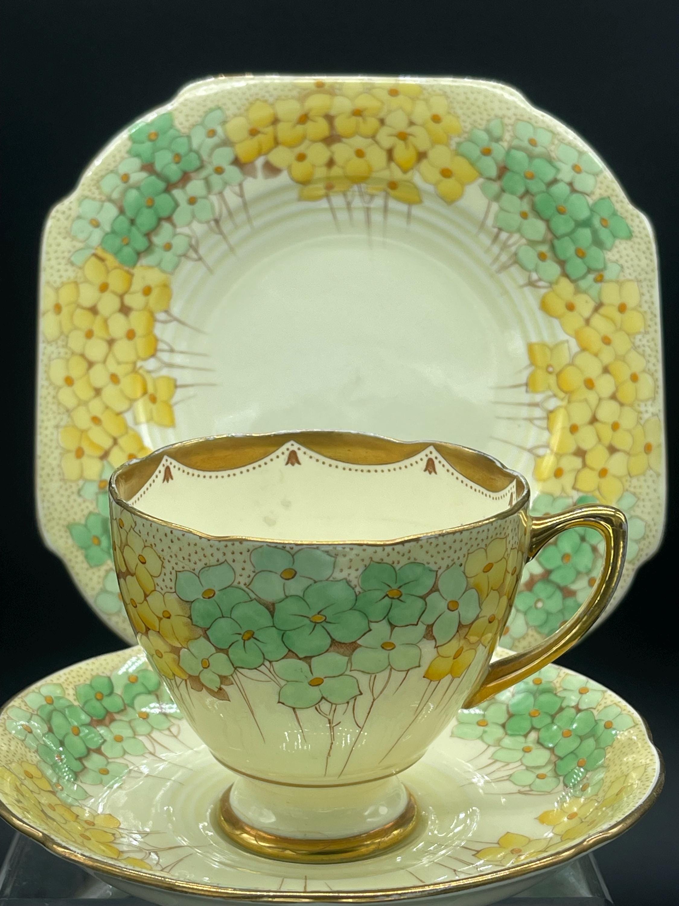 Vintage Art Deco Trio of Tea Cup, Saucer and Plate. C.1935. Grafton China. Hand painted Flowers. Gilt Gold Trim.