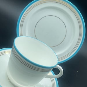 Art Deco English Tea Trio Set of Matching Cup, Saucer and Plate. Heathcote China. C. 1928. Distinctive Geometric Design.