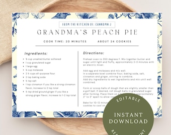 Recipe Card Template Digital Download Printable Vintage Grandma Design Homeware Custom Kitchen Housewarming Gift for Home Editable Canva