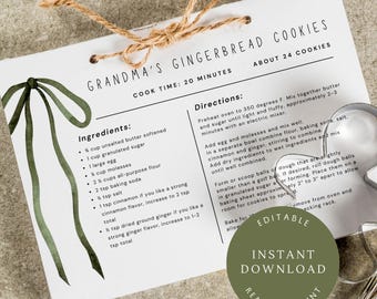 Plantilla de tarjeta de receta, descarga digital, imprimible, diseño de lazo coqueto, personalizable, regalo de inauguración de la casa, artículos para el hogar, Canva editable