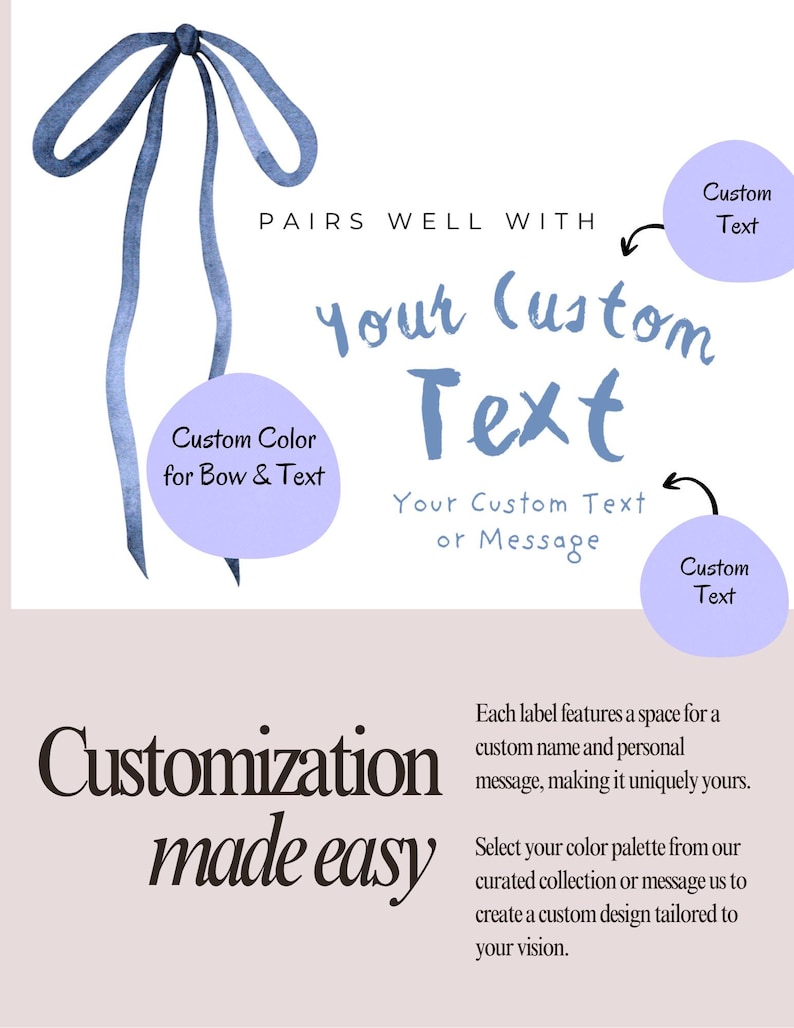 Puede incluir: Un gr&aacute;fico digital que presenta un lazo azul estilo acuarela en la parte superior izquierda. El texto dice PAIRS WELL WITH, your custom Text y Your Custom Text or Message. Tres c&iacute;rculos morados claros se&ntilde;alan &aacute;reas para Custom Text y Custom Color for Bow & Text. La secci&oacute;n inferior incluye el texto Customization made easy, seguido de un texto descriptivo sobre la personalizaci&oacute;n de etiquetas y la selecci&oacute;n de colores.