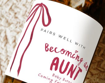 Etiqueta de anuncio de embarazo, pegatina de revelación de tía, decoración de botella de vino, anuncio de bebé, pegatina de noticias de embarazo de hermana, impermeable mate
