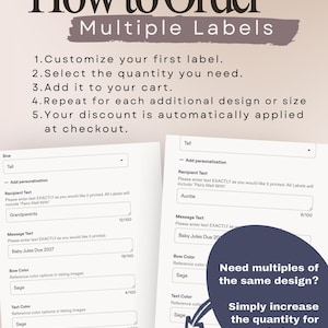 May include: An instructional graphic titled How to Order Multiple Labels with five numbered steps. Below, two digital order forms show fields for size, recipient text, message text, bow color, text color, and quantity, with a dark circle note.