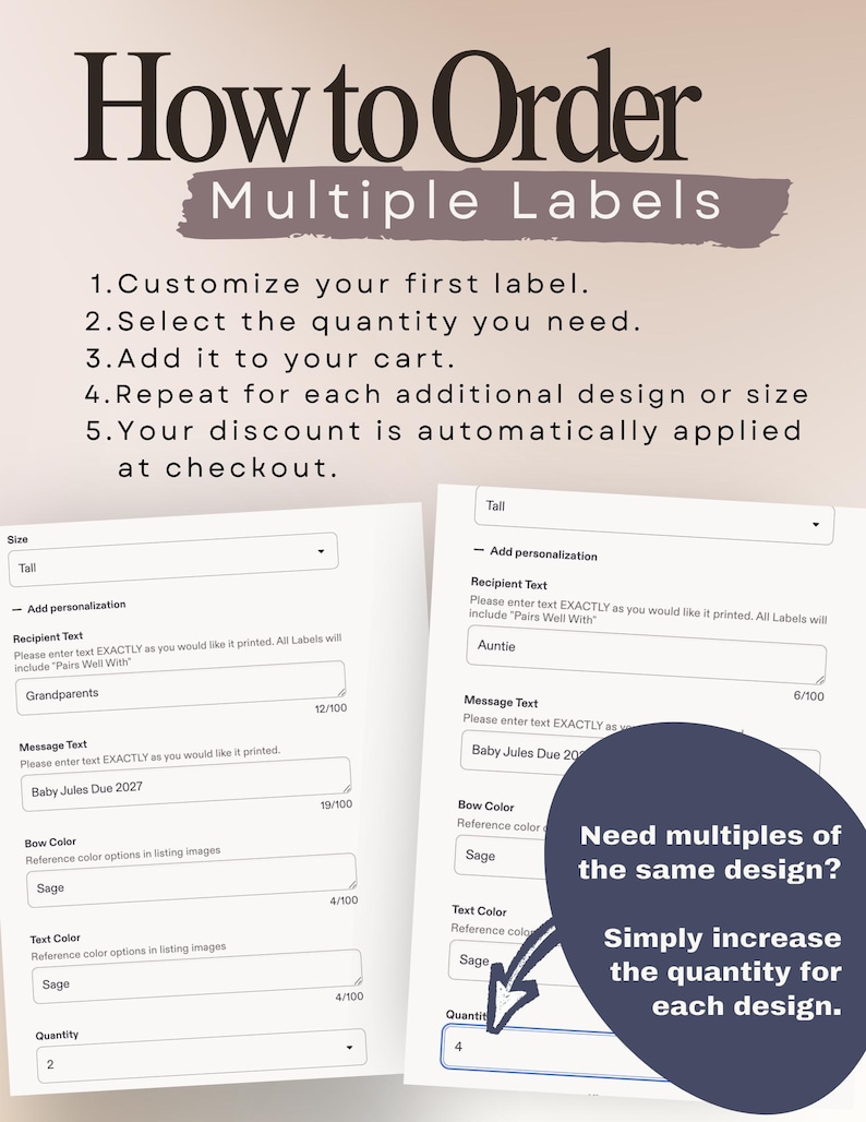 May include: An instructional graphic titled How to Order Multiple Labels with five numbered steps. Below, two digital order forms show fields for size, recipient text, message text, bow color, text color, and quantity, with a dark circle note.